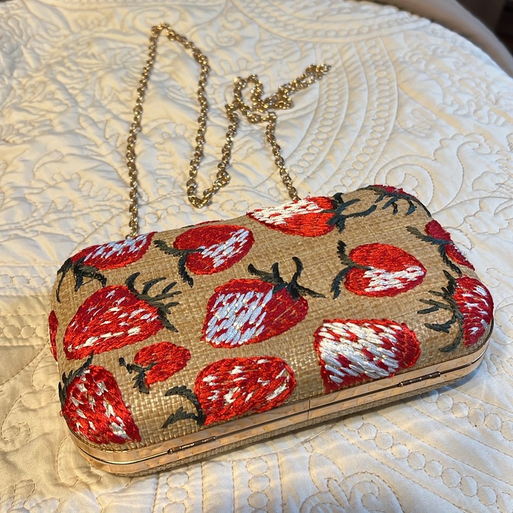 Strawberry Embroidered Woven Clutch with Gold Chain